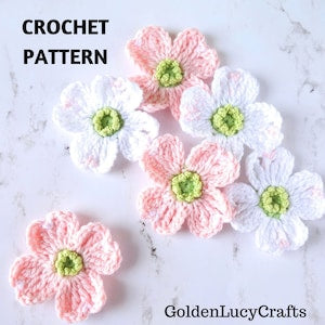 Crochet dogwood flower applique pattern set: pink & white blooms with green centers