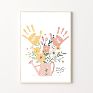 Flower handprint craft printable in a framed floral artwork with handprints and vase