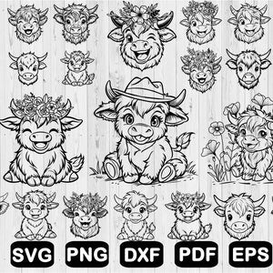 Cute highland cow SVG bundle with floral line-art clipart, includes SVG PNG DXF PDF EPS