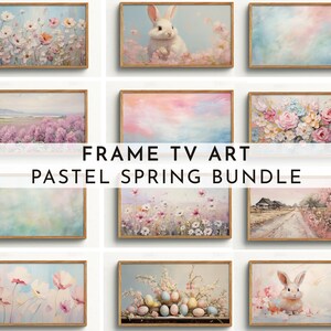 Set of 12 pastel spring framed TV art prints with flowers, eggs, and bunnies