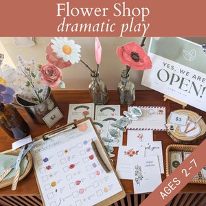 Flower shop dramatic play printable set with signs, price tags, and activity cards