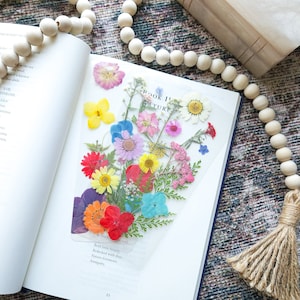 Pressed flower bookmark, rectangular with colorful dried flowers on white backing