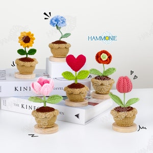 Crochet flower plant decor set with colorful knitted blooms in small woven pots