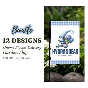 Gnome Flower Delivery Flags: Vintage Scooter & Floral Bundle, 12 Designs, Spring Garden Decor Digital Download
