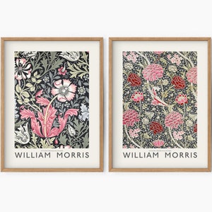 Set of 2 floral art posters in wooden frames, black backgrounds with pink and red flowers.