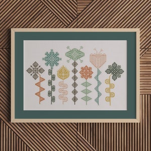 Flower cross stitch pattern chart with multiple colored motif diagrams in a framed layout