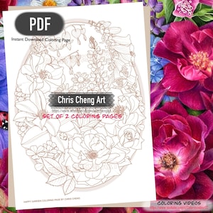Set of 2 garden coloring-page PDFs with floral line art, dark and light versions