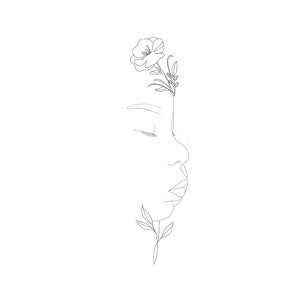 Custom portrait outline print with side-profile face and birth flower line art