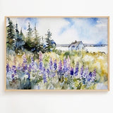 Maine Coast Watercolor Art Print Lupine Flowers Painting Maine Landscape Coastal Wall Art