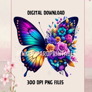 Butterfly floral glitter PNG design with roses, teal and pink butterflies, 300 DPI