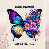 Colorful Butterfly Sublimation PNG Half Butterfly Floral Glitter Roses Flowers Half Flower Digital Download Puprlr Pink Teal Flowers