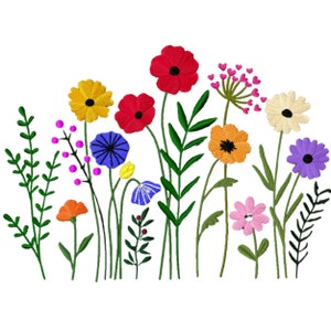 Multicolor wildflower border embroidery design with flowers and leafy stems