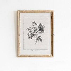 Framed black-and-white vintage flower etching bouquet wall art print