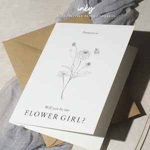 Flower girl wedding card with floral line art and 'Will you be our FLOWER GIRL?'