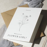 Flower girl wedding card with floral line art and 'Will you be our FLOWER GIRL?'
