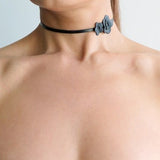Black leather flower choker necklace | Minimalist mini neck flower | Adjustable leather collar made to size | Stainless steel clasp