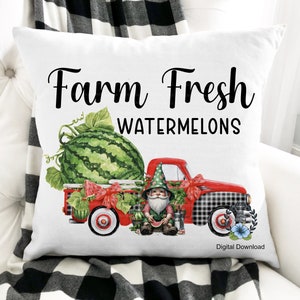 Farm fresh watermelons graphic throw pillow with red tractor and gnome