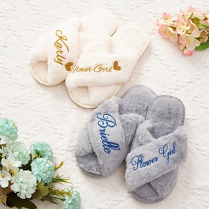 Kids' plush slippers with custom embroidered name, flower girl gift style, white and gray