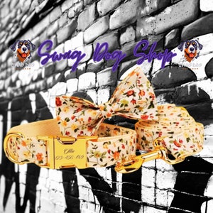 Floral cotton dog bow tie with matching collar, leash, and harness set