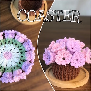 Crochet flower coasters with pink and mint daisy-style petals, in a pot