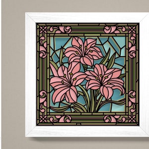 Framed 3D lily flower stained-glass shadow box with pink blooms and green leaves