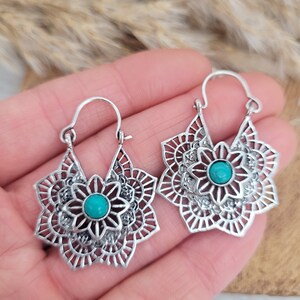 Silver-tone mandala earrings with turquoise round crystal and filigree drop