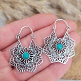 Silver with Turquoise earrings / Mandala / Crystal / Silver jewellery / Birthstone / Flower design / Bohemian / Boho