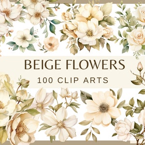 Beige and cream floral clip art bundle with 100 rose and peony-style flowers
