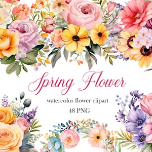 Watercolor spring flower clipart bundle with assorted blooms and leaves