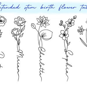 Extended stem birth flower tattoo SVG with thin floral line-art stems and buds