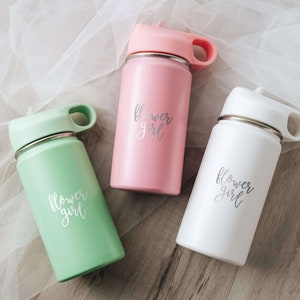 Engraved water bottle with 'flower girl' script, pastel pink, mint, and white