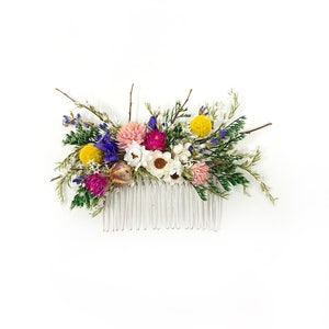 Floral hair comb with dried flowers and leaves, white comb, pink blue yellow accents