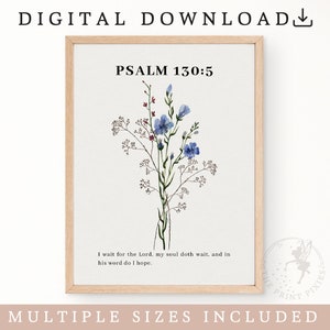 Framed Psalm 130:5 verse wall art with blue flower stems and small botanical illustrations