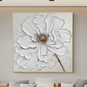 Textured white flower canvas wall art in square frame, raised petal detail