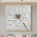 Original Abstract 3D White Flower Oil Painting on Canvas,  Large Heavy Textured Floral Landscape Wall Art Modern Living Room Home Decor
