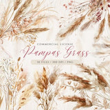 Pampas Grass Clipart, Watercolor Pampas Grass PNG, Boho Floral Clipart, Wedding Flowers, Dried Flower Clipart, Pampas Grass Bouquet