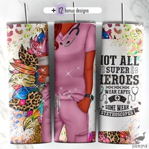 Nurse tumbler wrap with pink scrub graphic, leopard accents, and nursing quotes