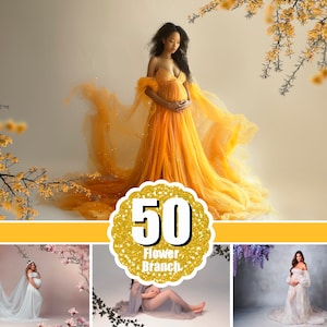 Maternity woman in a flowing yellow tulle gown with floral frame and “50” badge overlay