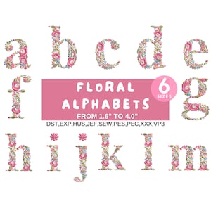 Floral alphabet embroidery design set with lowercase letters a–z, 6 sizes, instant download
