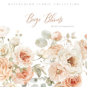 Watercolor neutral floral bouquet with beige, white, and blush flowers, beige leaves