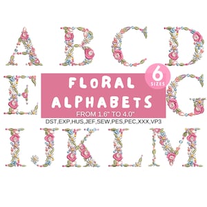 Floral alphabet embroidery designs with uppercase letters A, B, C, D and banner