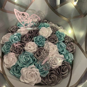Forever satin rose bouquet with teal, gray, white and silver roses