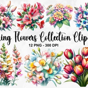 Watercolor spring flowers clipart set with tulips and mixed blooms, 12 PNGs