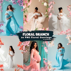 Floral branch digital overlay set with pink blossoms for maternity photo editing