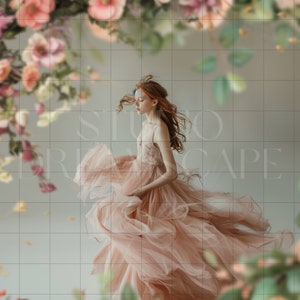 Romantic floral photo overlay set with pastel blossoms over a tulle dress portrait