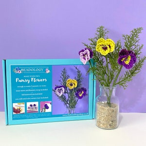 Pansy flower beading craft kit box with beaded flowers in a small vase