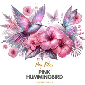 Pastel pink hummingbird clipart with butterfly wings and pink flower accents