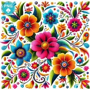 Vibrant Mexican floral embroidery pattern with colorful flowers, leaves, and scroll accents