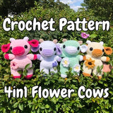 4 in 1 Flower Cows | PDF Crochet Amigurumi Pattern | Lavender | Daisy | Cherry Blossom | Sunflower | Low Sew