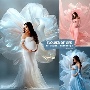 Floral maternity digital backdrop overlay set with soft white and pastel flower drapes